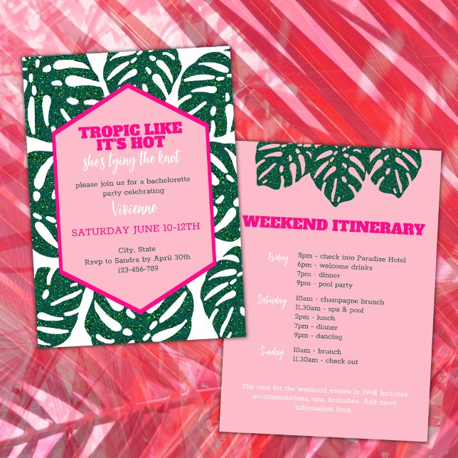 Tropical Pink Destination Bachelorette Weekend Invitation (tropical bachelorette weekend itinerary tropic like its' hot she's tying the knot pink glitter monst)