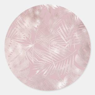 Tropical Pink Elegant Metallic Chic Leaves Classic Round Sticker