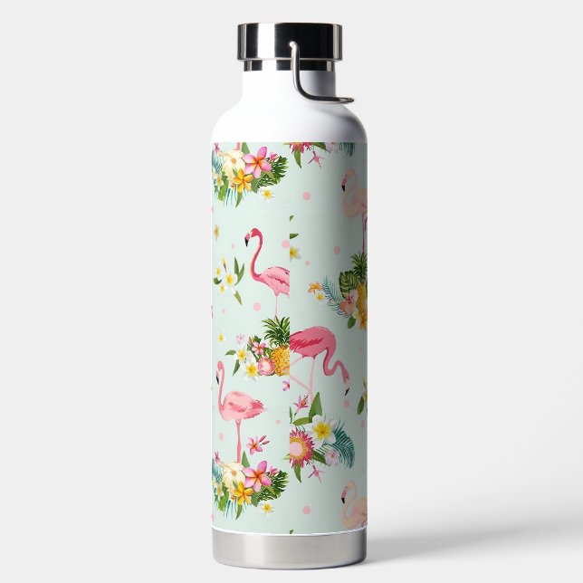 Tropical Pink Flamingo and Floral Pattern Water Bottle (Left)