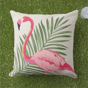 Tropical Pink Flamingo and Palm Leaves Cushion