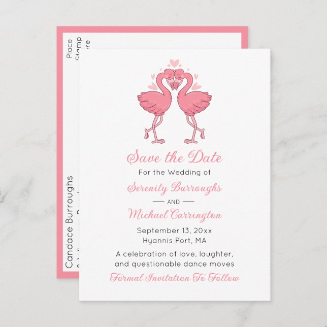 Tropical Pink Flamingo Beach Wedding Save the Date Postcard (Front/Back)