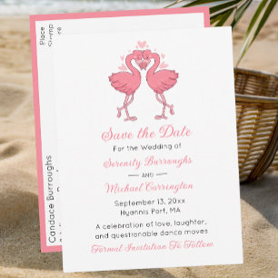 Tropical Pink Flamingo Beach Wedding Save the Date Postcard