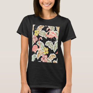 Tropical Pink Flamingo Birds Yellow Hibiscus Flowe T-Shirt