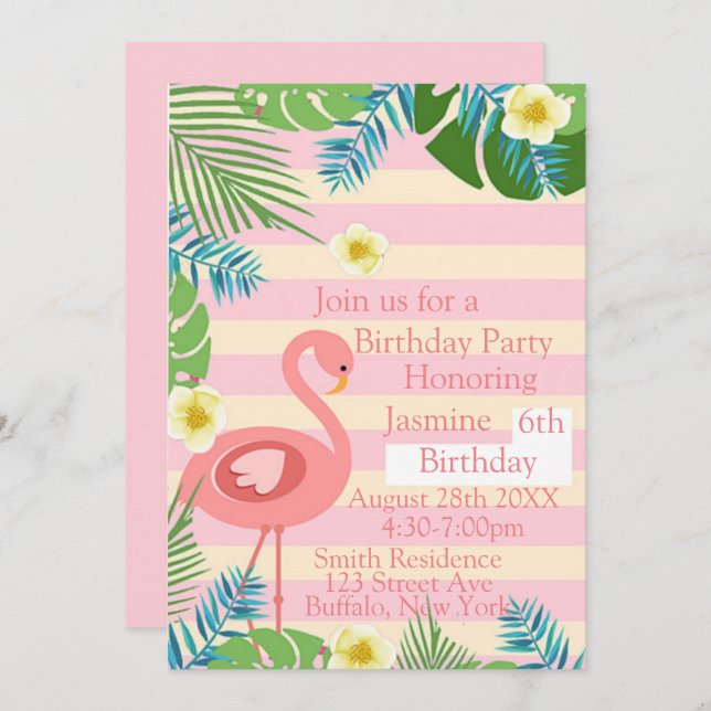 Tropical Pink Flamingo Birthday Party Invitation (Front/Back)