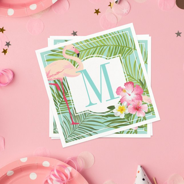 Tropical Pink Flamingo Custom Aqua Monogram Letter Napkin (Creator Uploaded)
