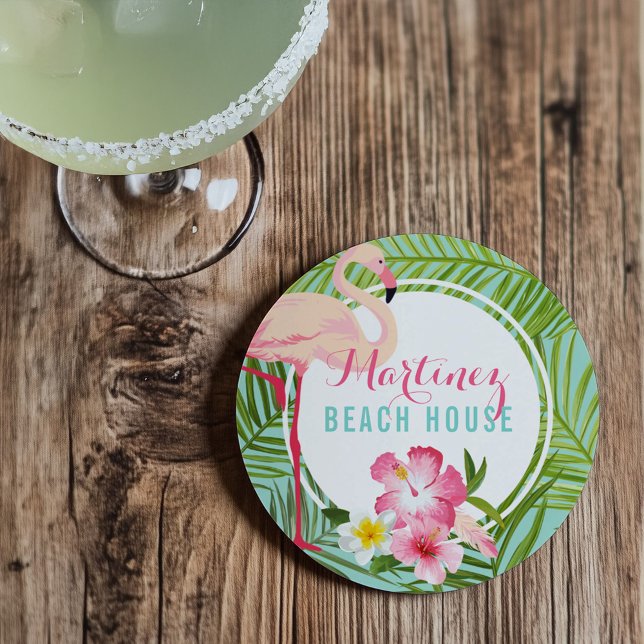 Tropical Pink Flamingo Custom Monogram Beach House Coaster (Creator Uploaded)