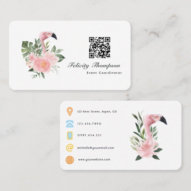 Tropical Pink Flamingo Event Coordinator QR Code Business Card (Front/Back)
