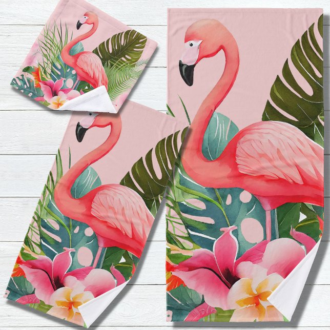 Tropical Pink Flamingo Floral  Bath Towel Set (Creator Uploaded)
