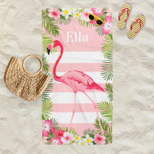 Tropical Pink Flamingo Floral Custom Monogram Beach Towel