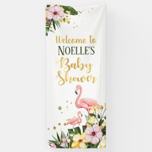 Tropical Pink Flamingo Floral Gold Baby Shower Banner