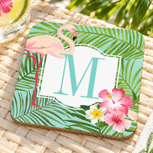 Tropical Pink Flamingo Floral Monogram Initial Coaster (Creator Uploaded)