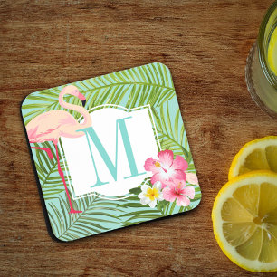 Tropical Pink Flamingo Floral Monogram Initial Coaster
