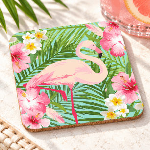 Tropical Pink Flamingo Floral Palm Leaves Coaster