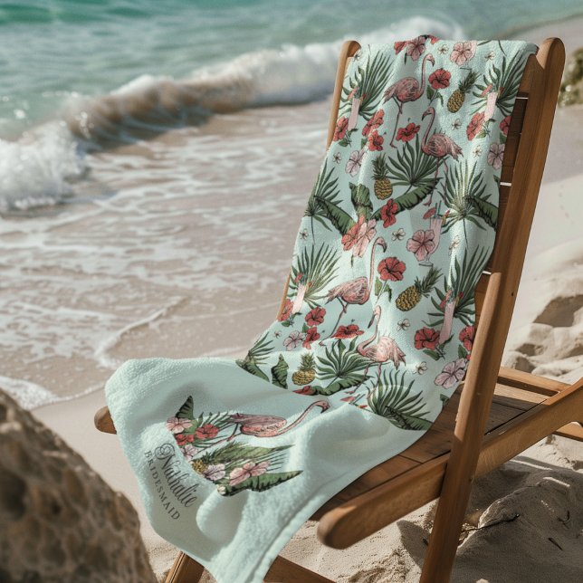 Tropical Pink Flamingo Floral Pattern Turquoise Beach Towel (Tropical Pink Flamingo Bridesmaid Beach / Pool Towels. Flamingo, Hibiscus Flowers, Pineapple, Drinks)