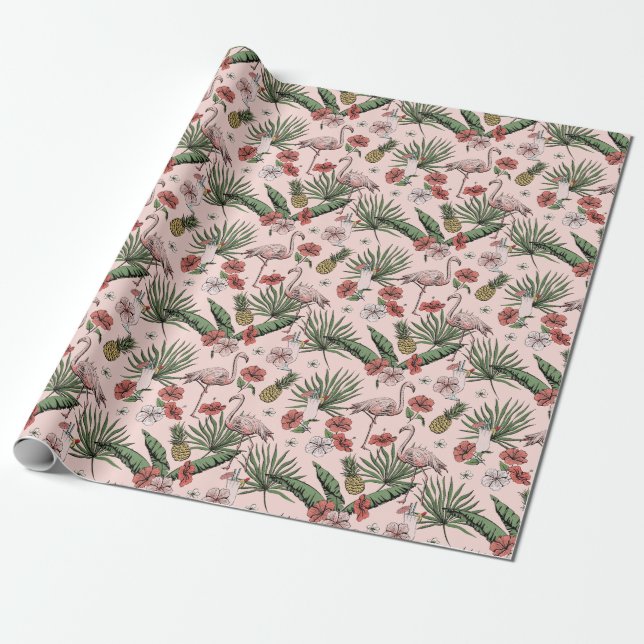 Tropical Pink Flamingo Floral Pattern Wrapping Paper (Unrolled)