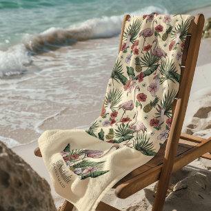 Tropical Pink Flamingo Floral Pattern Yellow Beach Towel