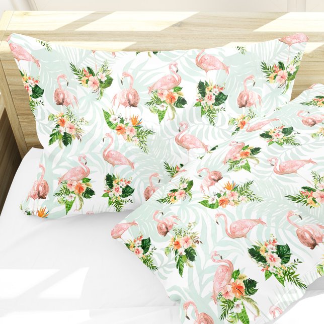 Tropical Pink Flamingo Floral Pillowcase (Tropical flowers and pink flamingos add a fresh summer vibe to your bedroom.)
