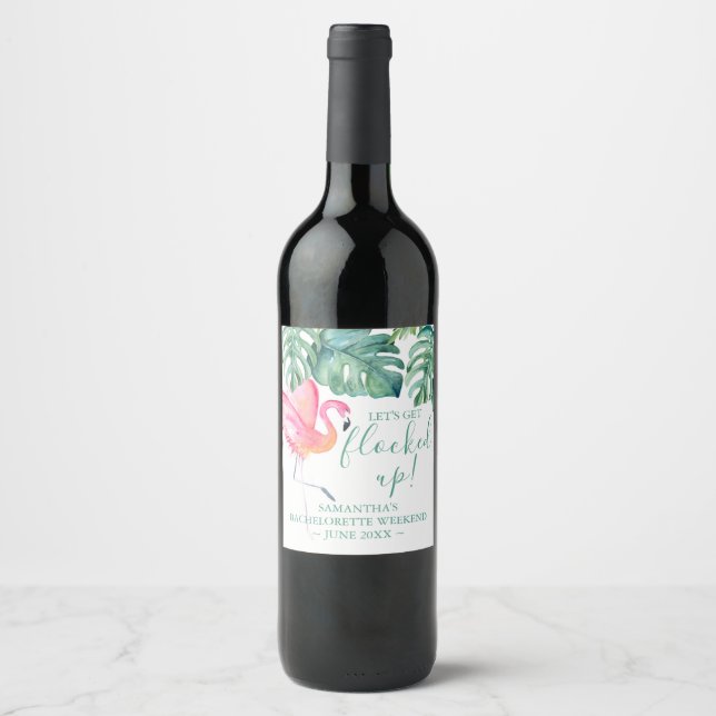 Tropical Pink Flamingo Girls Weekend Gifts Wine Label (Front)