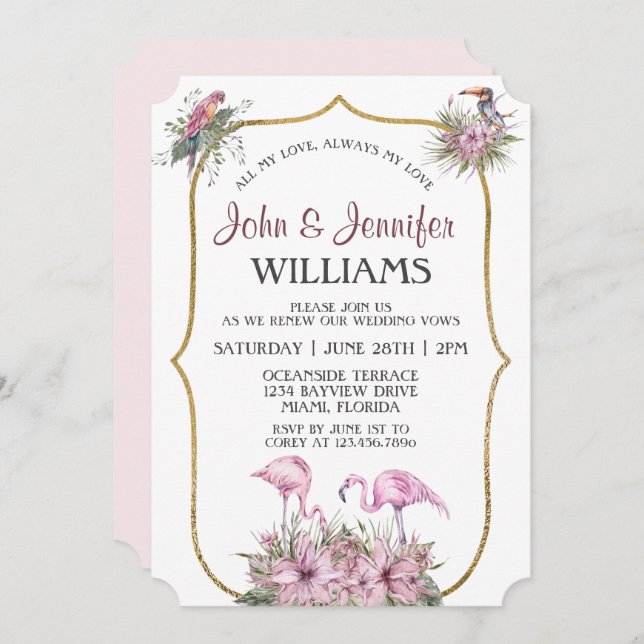 Tropical Pink Flamingo Gold Vow Renewal Invitation (Front/Back)