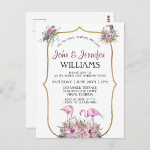Tropical Pink Flamingo Gold Wedding Vow Renewal Postcard