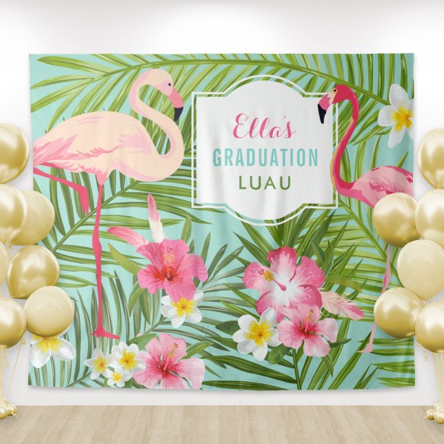 Tropical Pink Flamingo Graduation Luau Backdrop Tapestry (Creator Uploaded)