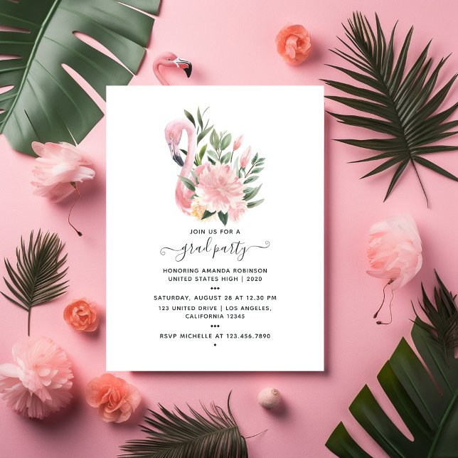 Tropical Pink Flamingo Graduation Party Invitation Postcard (Creator Uploaded)