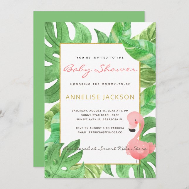 Tropical pink flamingo green leaves baby shower invitation (Front/Back)