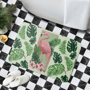 Tropical Pink Flamingo Green Palm Leaves Lilies Bath Mat
