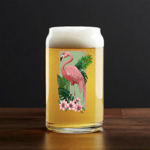 Tropical Pink Flamingo Green Palm  Leaves Lily Can Glass