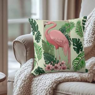 Tropical Pink Flamingo Green Palm Leaves Lily  Cushion