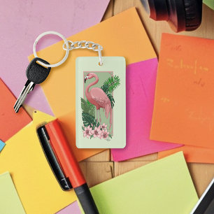 Tropical Pink Flamingo Green Palm Leaves Lily Key Ring