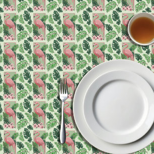 Tropical Pink Flamingo Green Palm Leaves Lily Tablecloth