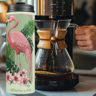Tropical Pink Flamingo Green Palm Leaves Lily Thermal Tumbler