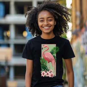 Tropical Pink Flamingo Green Palm Leaves Lily Tri-Blend Shirt