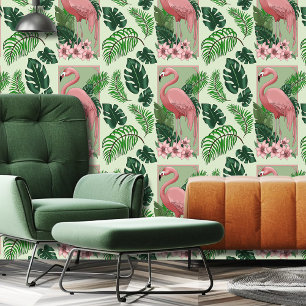 Tropical Pink Flamingo Green Palm Leaves Lily Wallpaper