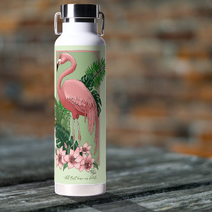 Tropical Pink Flamingo Green Palm Leaves Lily Water Bottle