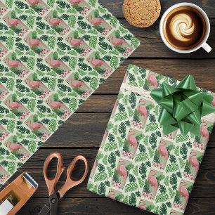 Tropical Pink Flamingo Green Palm Leaves Lily Wrapping Paper