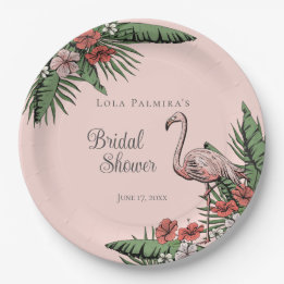 Tropical Pink Flamingo Hibiscus Bridal Shower Paper Plate