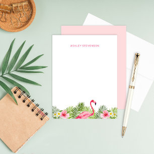 Tropical Pink Flamingo Hibiscus Monogram Card