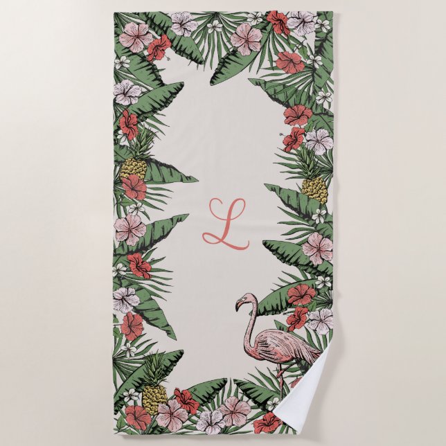 Tropical Pink Flamingo & Hibiscus Monogrammed Beach Towel (Front)