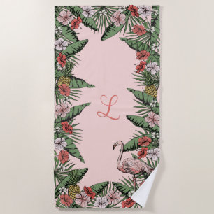 Tropical Pink Flamingo & Hibiscus Monogrammed Beach Towel