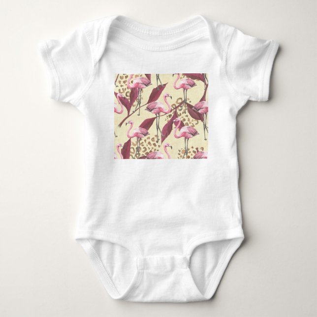 Tropical pink flamingo, leopard pattern. baby bodysuit (Front)