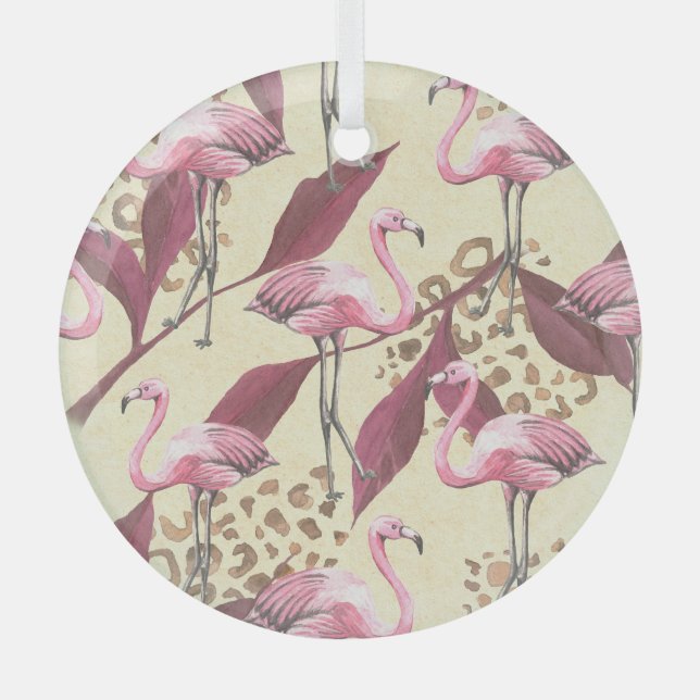 Tropical pink flamingo, leopard pattern. glass tree decoration (Front)