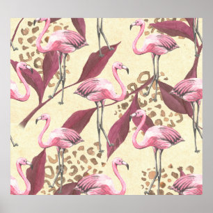 Tropical pink flamingo, leopard pattern. poster