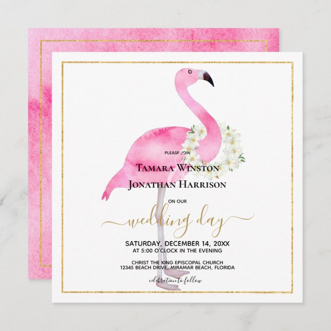 Tropical Pink Flamingo Magnolias Beach Wedding Invitation (Front/Back)