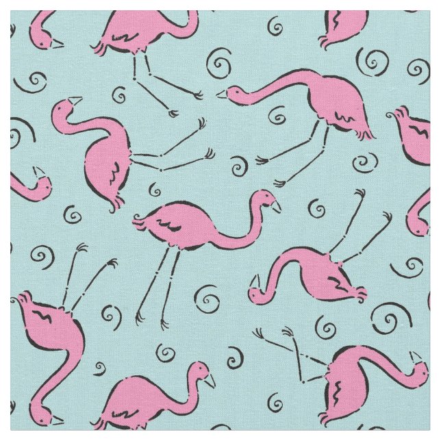 Tropical Pink Flamingo on Aqua Blue Pattern Fabric (Close Up)