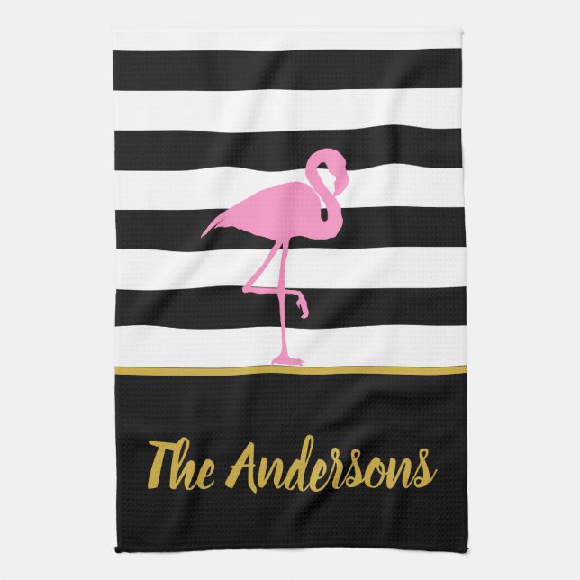 Tropical Pink Flamingo on Black and White Stripes Tea Towel (Vertical)