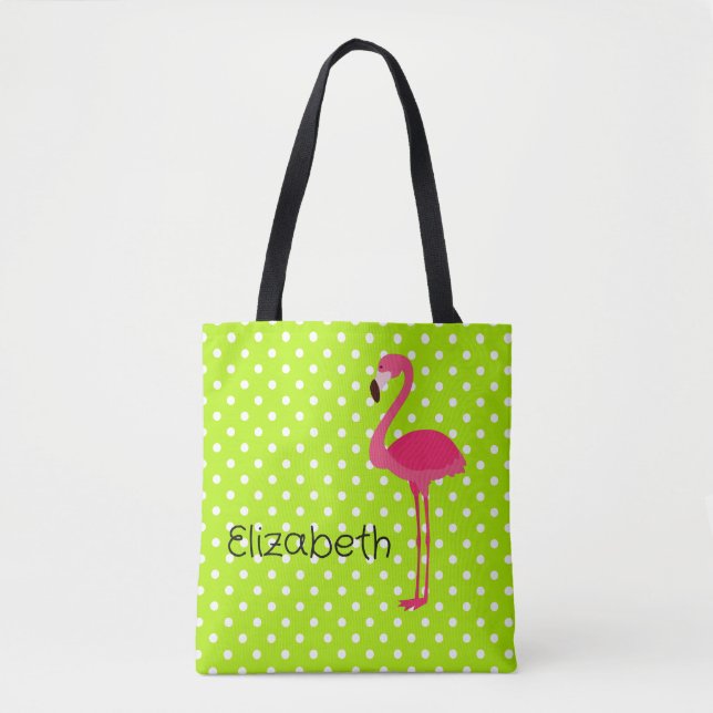 Tropical Pink Flamingo on Green White Polka Dots Tote Bag (Front)