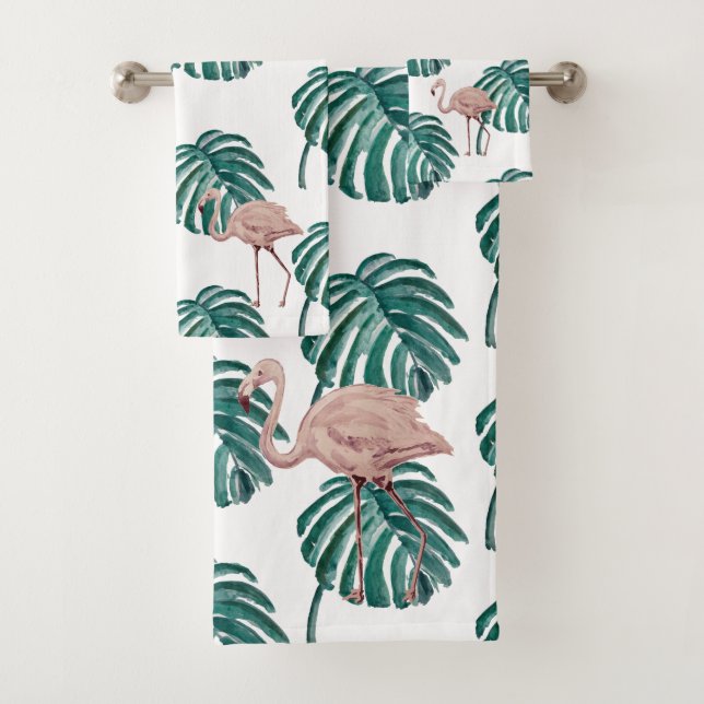 Tropical Pink Flamingo Painting Bath Towel Set (Insitu)