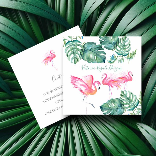Tropical Pink Flamingo Palm Leaves Square Business Card (Tropical business cards with watercolor pink flamingos and palm leaves by Victoria Grigaliunas)